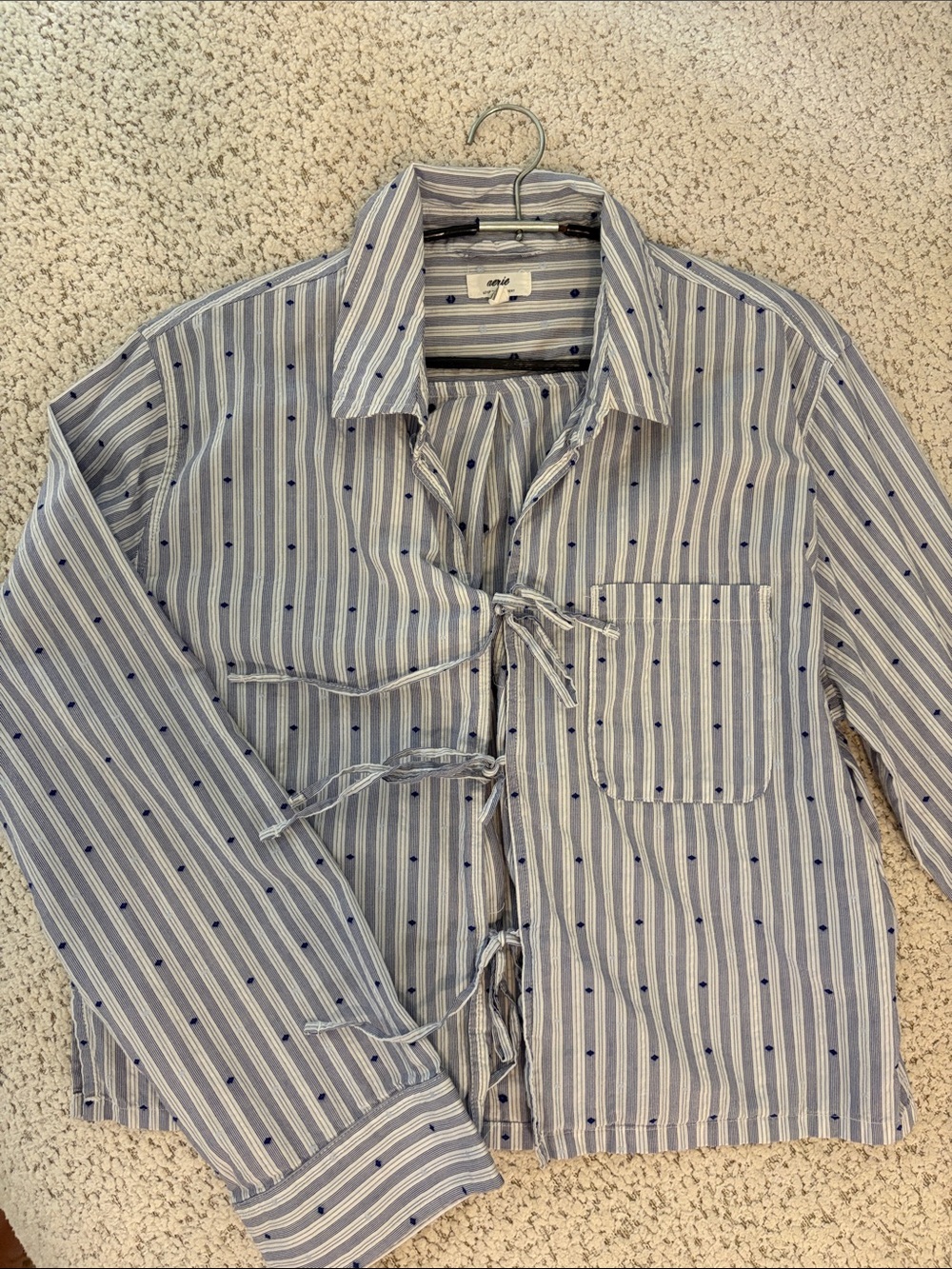 AERIE Blue and White Striped Tie-Front Blouse